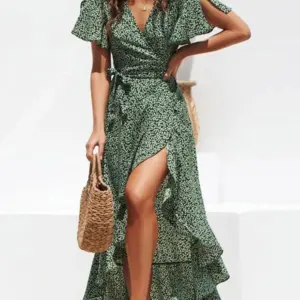 Summer Beach Maxi Dress Women Floral Print Boho Long Chiffon Dress Ruffles Wrap Casual V-Neck Split Sexy Party Dress Robe Femme