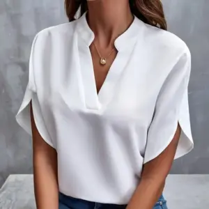 Summer Elegant Women's Blouse New V-neck Short Sleeve Solid Color Loose Shirt Casual White Tops Office Lady Blouses