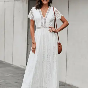 Summer Floral Lace Dress Women Elegant Party White Maxi Dress V Neck Wedding Long Dress Short Sleeve Hollow Out Woman Dress