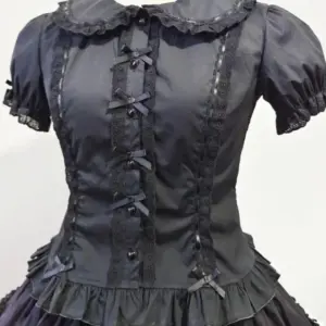 Summer Japanese Lolita Sweet Girls Short-sleeved Tops Women Goth Lace Bow Shirt Single-breasted Blouse Doll Collar Slim Tees New
