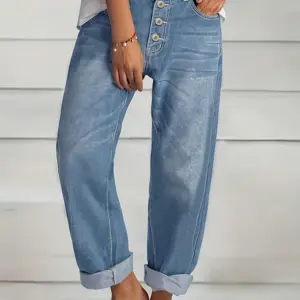Summer New Women's Jeans Loose Casual Versatile Simple Slim Multi Button Denim Straight Leg Trousers Ankle Length Pants TC010200