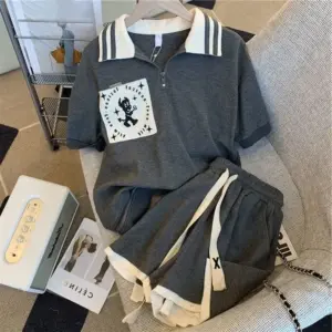 Summer New Women's Suit Design Sensibility Niche Loose-Fit Versatile Zipper Lapel Short Sleeves Walf Checks Shorts 2-Piece Set