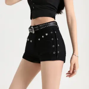 Summer Y2k Sexy Low Waist Mini Denim Shorts Women Vintage Korean Popular Girls Slight Strech Streetwear Gothic Rivet Black Jeans