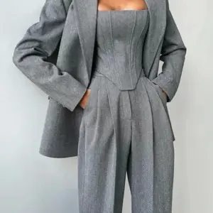 Temperament Fishbone Top Blazer Pants Sets 3 Pieces For Women Solid Jacket Crop Tops High Waist Pocket Pant Lady Office Set 2025