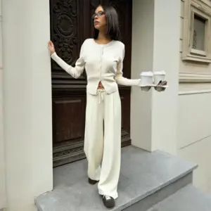Tornova 2025 Fall Winter Knitted Suit Solid Cardigan Top Women's O neck Knitted Sweater Straight Trousers Two Piece Set Casual