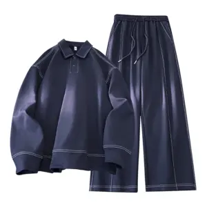 Two-piece set men sportswear Spring New Mens Casual Outdoor Set Square Neck Long Sleeve Loose TShirt Elastic Waist Comfort Pants