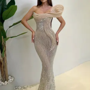 VC Champagne Beading Strapless Long Dress For Women Crystals Diamond Mermaid Sleeveless Formal Wedding Party Evening Gown