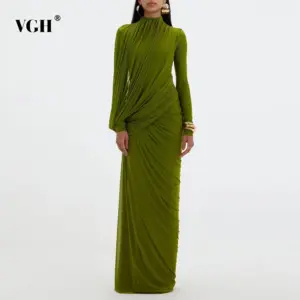 VGH Elegant Vintage Spliced Ribbon Dresses for Women Turtleneck Long Sleeve Irregular Folds Evening Luxurious Maxi Dress Female