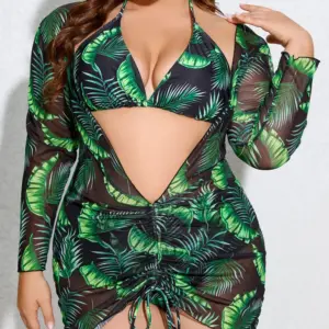 VigoJany 2025 Print 3 Piece Mesh Cove Up Plus Size High Waist Bikini Set Women Halter Big Swimsuit Beach Chubby Bathing Suit
