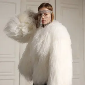 WGLUVF-Real Mongolian Fur jacket Sheepskin Women's Fur Coat - Regular Crew Neck Winter Jacket, Natural Fluffy Fur, Elegant Style