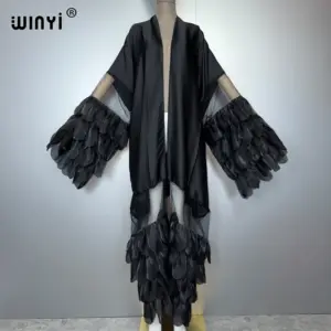 WINYI Catwalk seksowne kimono damskie elegancki płaszcz długi rękaw kardigan abaja dubaj luksusowy strój plażowy sukienka narzutka wakacyjny kaftan