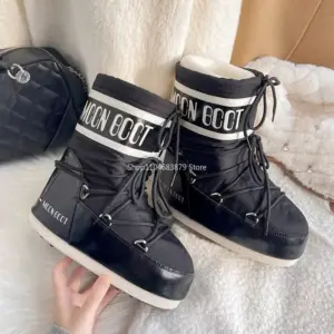 Waterproof Moon Snow Boots Women's Mid-High Tubular Cotton Shoes Anti-Slip Warm Skiing Shoes Rubber Outsole Smaller Than Usual