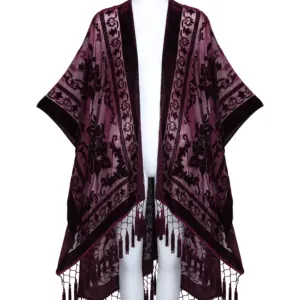 WeHello Bohemian burnt plush kimono Women's long Purple Tassel Beach Cover-up Holiday Casual Cardigan Shawl JYPF-20
