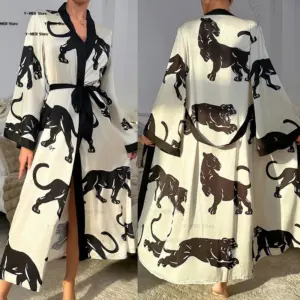 Wedding Party Dress Fashion Printed Robe Women's Clothing Loose Silk Satin Sleepwear Night Gowns Long Sleeve Ladies Bathrobe