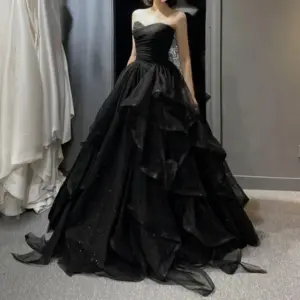 Wedding Shooting Temperament Black Elegant Wedding Party Dresses Strapless Tiered Draped Prom Robe Ball Gown Formal Dress Women