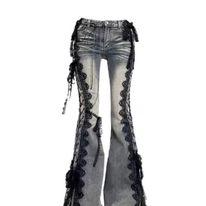 Women Dark Academia Goblin Core Harajuku Y2K Low Rise Lace Jeans Abi Denim Flare Pants Bell-Bottom Y2k Japanese Goth Gyaru Kpop