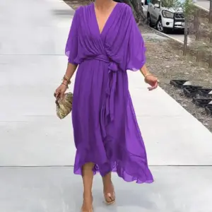 Women Dress Elegant V Neck Lace-up Evening Dress with Bat Sleeves Ruffle Hem Irregular Pleated Midi Prom Party Dress Solid Color