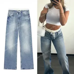 Women Fashion Patchwork Denim Broek Veters Rits Fly Jeans Broekzakken Dames Casual Mid Taille Broek Met Rechte Pijpen