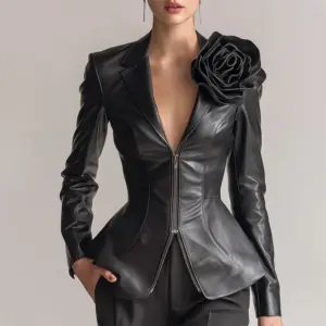 Women PU Leather Jacket 3D Flower Fashion Long Sleeve Lapel Collar Zipper Cropped Coats Autumn Winter Slim Fit Streetwear Blazer