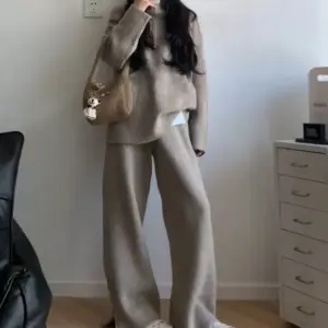 Women Pant Sets Loose Knitted Two Pieces Set Sweater Set Zipper Turn Down Collar Y2k Tops Wide Leg Elastic Waist Pants Suits