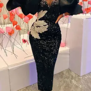 Women Plus Size Dress Sequin Black Embroidery Chest Wrapped Puff Sleeve Sparkly Dress Cocktail Wedding Guest Classy Party Dress