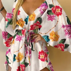 Women Print Dress Sexy V-Neck Bat Sleeve Ruffl Flowers Print Bohemian Beach Sundress Ladies Loose Summer Vacation Mini Dresses