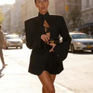 Women Sexy Solid Hollow Blazer Dress Elegant Full Sleeve Shoulder Pads Cinched-waist Mini Dresses 2026 Lady Evening Dinner Robe