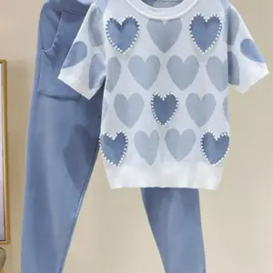 Women Short Sleeve Beading Knitwear Tee Tops Conjunto Korean Love Printed Knit 2 Piece Set 90cm Jogging Malhas Pants Casual Suit