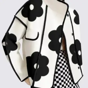 Women Spring Autumn Jackets Fashion Black Flower Print High-Neck Long Sleeves Buttoned Casual Outerwear Coats New