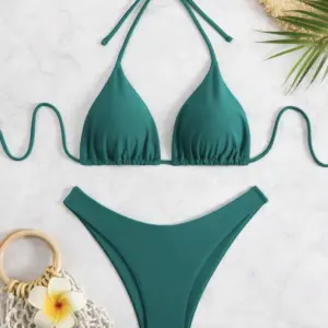 Women Thong Bikini Sexy Solid White/Black/Coffee Halter Swimsuit Lace Up Brazilian Bathing Suit 2025 New Double Fabric Beachwear