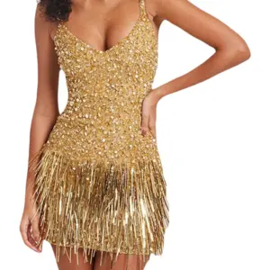 Women Wrapped Dresses Sleeveless Off Shoulder Sequined Tassels Casual Party Spring Summer Dress