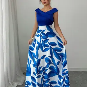 Women's Blue White Floral Maxi Dress Asymmetric Neckline Color Block Design Ideal for Evening Events Garden Parties Elegant Styl