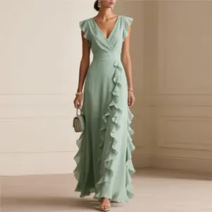 Women's Elegant Solid Color Ruffle Sleeveless Sexy V-Neck Long Dress Fashionable Bohemian Women's Party Evening Maxi Dresses