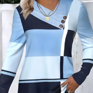 Women's Long-Sleeve Floral Print Top - Button Accents, Asymmetric Neckline, Drop Shoulders, Slim-Fit Shirt Blouse