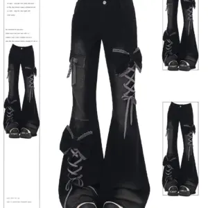Women's Low Rise Flare Jeans Bow Lace Up Japanese Designer Denim Pants Shoujo Y2k American Retro Bell Bottom Jeans Harajuku New