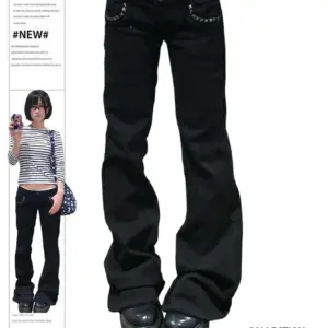 Women's Low Rise Jeans Black Flared Denim Pants Gyaru American Retro Korean Cyber Punk Trumpet Jeans Y2k Skinny Bell Bottom New