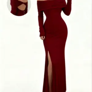Women's Off-Shoulder Bodycon Dress - Long Sleeve High Slit Bandage Dress, Chic Figure-Hugging Midi