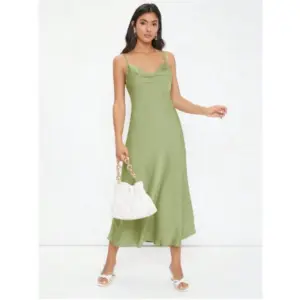 Women's Sexy Satin Slip Maxi Dress with Draped Neckline - Elegant Formal Evening Gown for Party Wedding Cocktail