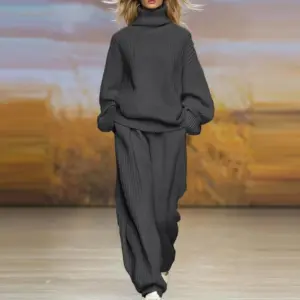 Women's Turtleneck Sweater + Pants 2 Piece Set Casual Solid Color Pocket Commuter Suit Simple Home Clothes Knitted Outfit Winter