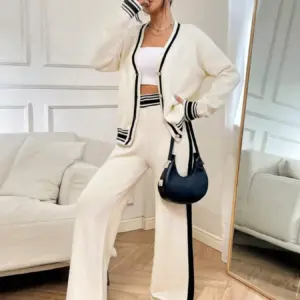 Women's Two-Piece Knit Set Contrast Trim Cardigan & Wide-Leg Pants Casual Loungewear (White/Navy Blue)