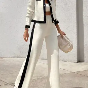Women's White Black Contrast Trim Knit Two-Piece Set Casual Crop Cardigan & Wide-Leg Pants Outfit