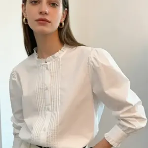 Women's White Ruffled Stand Collar Blouse Long Puff Sleeves Pleated Front Button Shirt Elegant Office Casual Ladies Top Soft