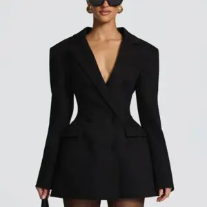 XIAOTANG Deep V Neck Long Sleeve Sexy Mini Blazer Dress Women Elegant Double-breasted High Waist Club Party Blazers Dress