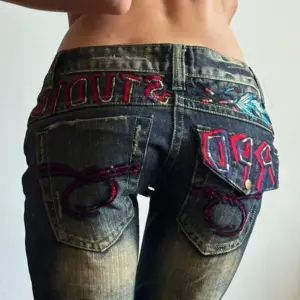 Y2k Vintage Embroidered Low Waist Jeans Blue Jeans Embroidered Diamonds Pocket Hip Hop Streetwear Harajuku Gothic Wide Pants
