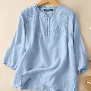 ZANZEA Summer Vintage Shirts Elegant OL Work Blouse Women 3/4 O Neck Sleeve Tops Embroidery Blusas Femme Causal Cotton Chemsie