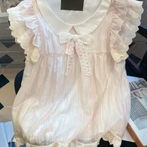 Zoki Women Cute Striped Shirt Vintage Sweet Lace Bow Flying Sleeve Kawaii Blouse Casual Summer Peter Pan Collar Lady Design Tops