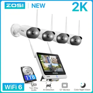 ZOSI 8CH 2K Wi-Fi 6 Security Camera System 12'' LCD Monitor 3MP Plug-in WiFi Surveillance Cams Indoor Outdoor for Home Security