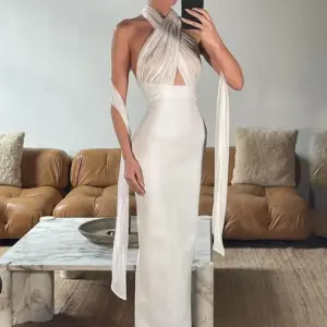 kliou Ribbons Women Long Dress Patchwork Cross Halter Sleeveless Backless Straight Vestidos Female Elegant Evening Classic Robe