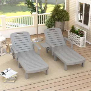 2 Pack 5-Position Adjustable OutdoorLounge Chairs with Side Table-Weatherproof Plastic Patio Loungers for Pool Garden Sunbathing