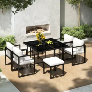 7-piece outdoor dining set for 6, with tempered glass table, perfect for backyard garden meals.